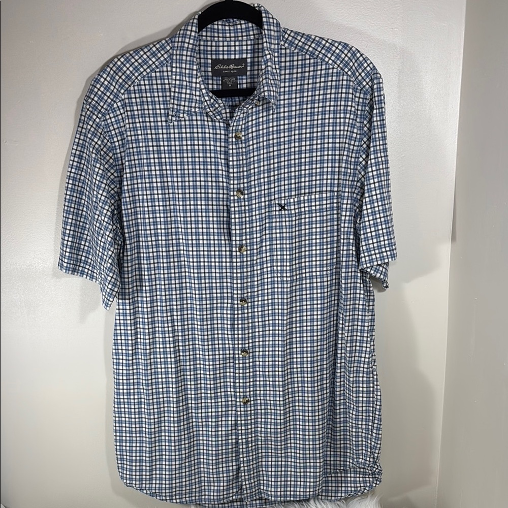 Eddie Bauer Blue and White Plaid Casual Button Down Shirt